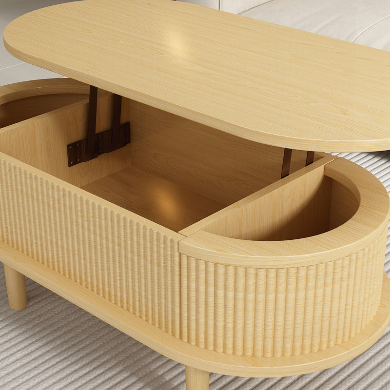 Table basse à plateau relevable cannelé avec compartiment caché, Naturel