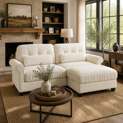 Canapé modulaire à 2 places avec repose-pieds et accoudoirs roulés en chenille beige