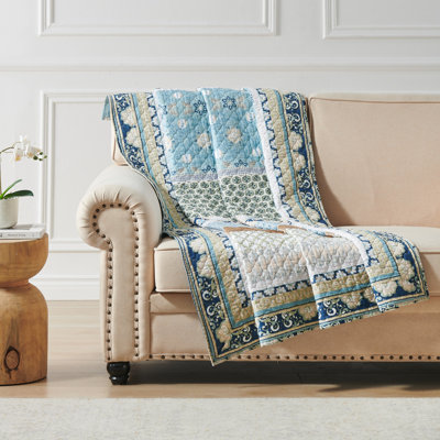 Greenland Home Fashions Thalia Blue Throw – 50" x 60" Cotton Quilted Blanket with Velvet Embellished Floral Design