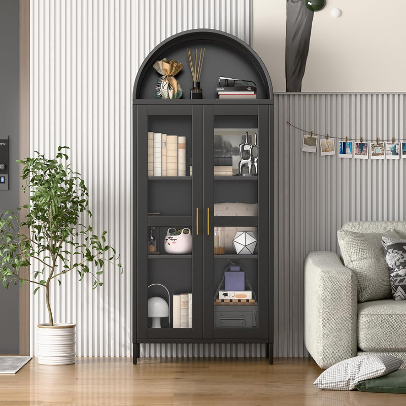 Metal Arch Display Cabinet With Led Strip, Modern Arched Storage Cabinet With Glass Doors,2 Adjustable Shelves For Home, Office, Assembly Required, Black