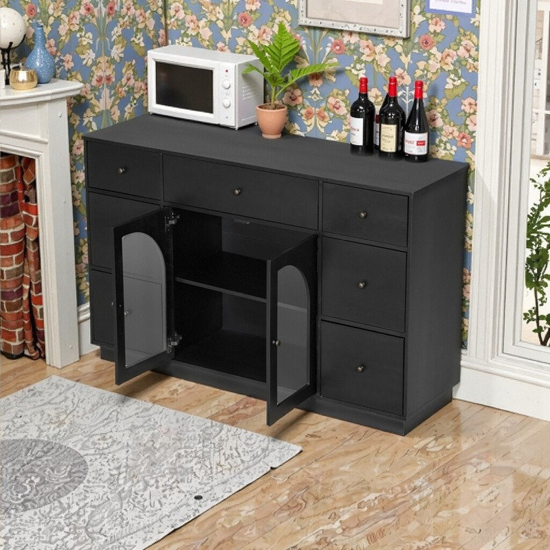 Buffet avec 2 portes, 7 tiroirs et tablette réglable, Noir