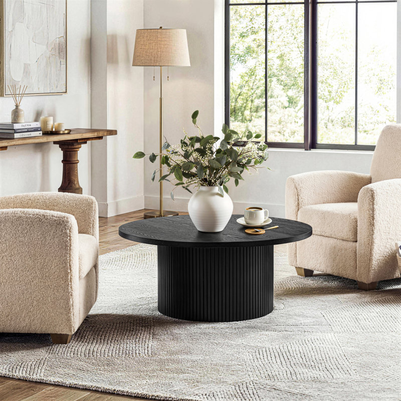 Table basse ronde en bois massif Ansel, Noir, H 17,7 po x L 35,43 po x l 35,43 po