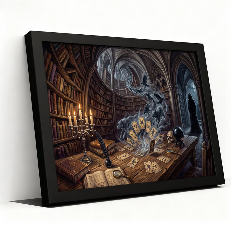 Cartes de tarot et esprits de loups dans une toile murale gothique sombre pour l'Halloween, H 24 po x l 36 po