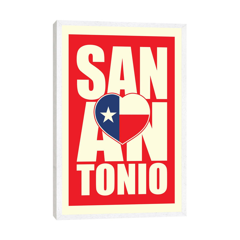 San Antonio Typography Heart by Benton Park Prints - Print on Canvas, 152.5 cm H x 101.5 cm W, White Framed