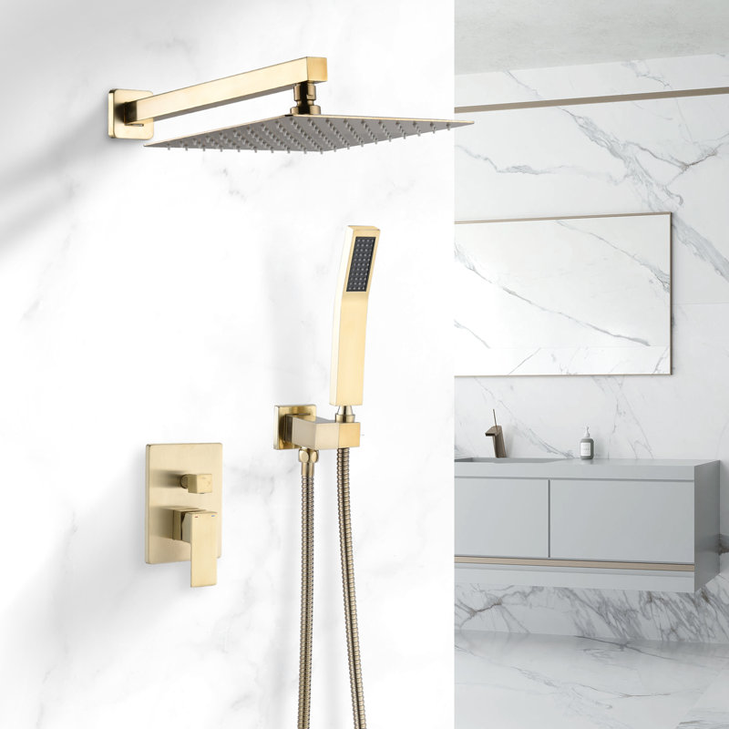 10 Inch Brushed Gold Shower Combination With Adjustable Head, Diverter, And Easy - Clean Function For A Stylish Space Wall Mounted System Built In Hot Cold Mixing, Diverter Valve, Top Spray Soothing