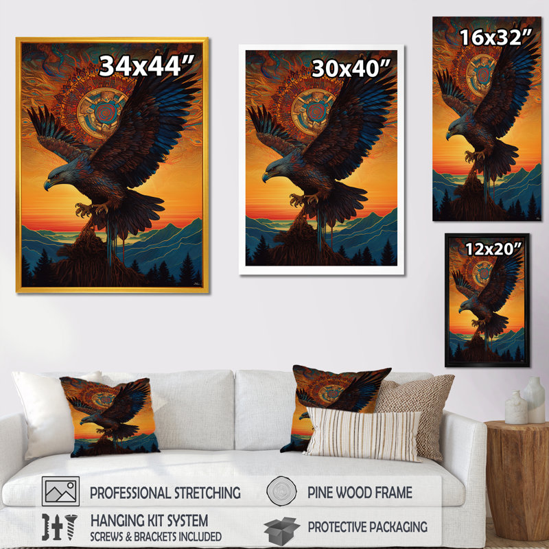 «Majestic Mystical Eagle in Sunset Sky», reproduction sur toile, H 32 po x l 16 po x P 1 po, Cadre photo noir