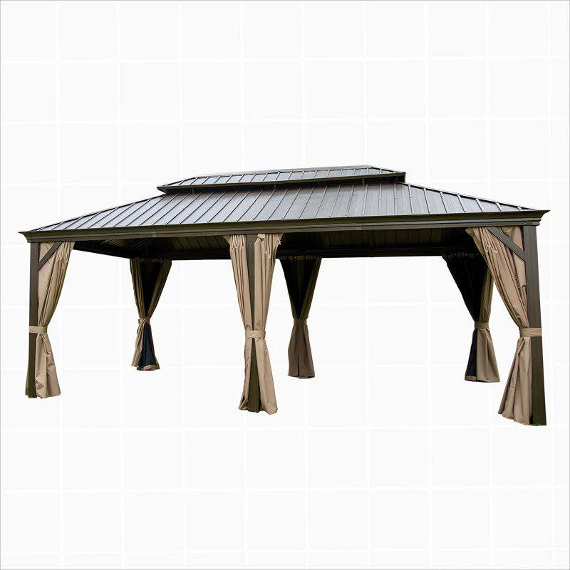 12'X20' Hardtop Gazebo, Outdoor Aluminum Frame Canopy With Galvanized Steel Double Roof, Outdoor Permanent Metal Pavilion With Curtains And Netting For Patio,Backyard And Lawn
