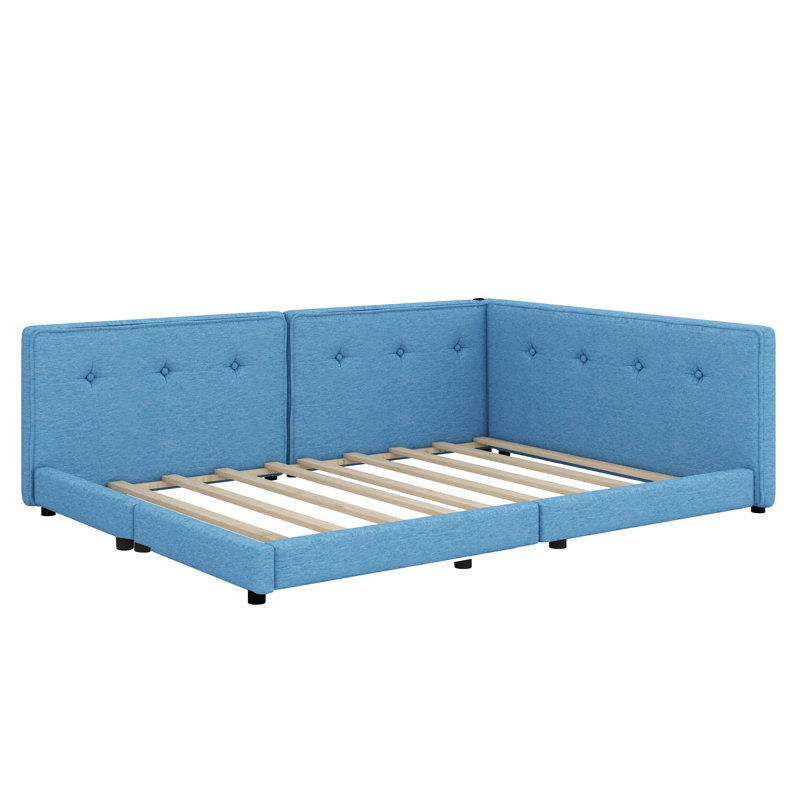 A  Upholstered Platform Bed With Built-In USB Ports, Blue, Queen