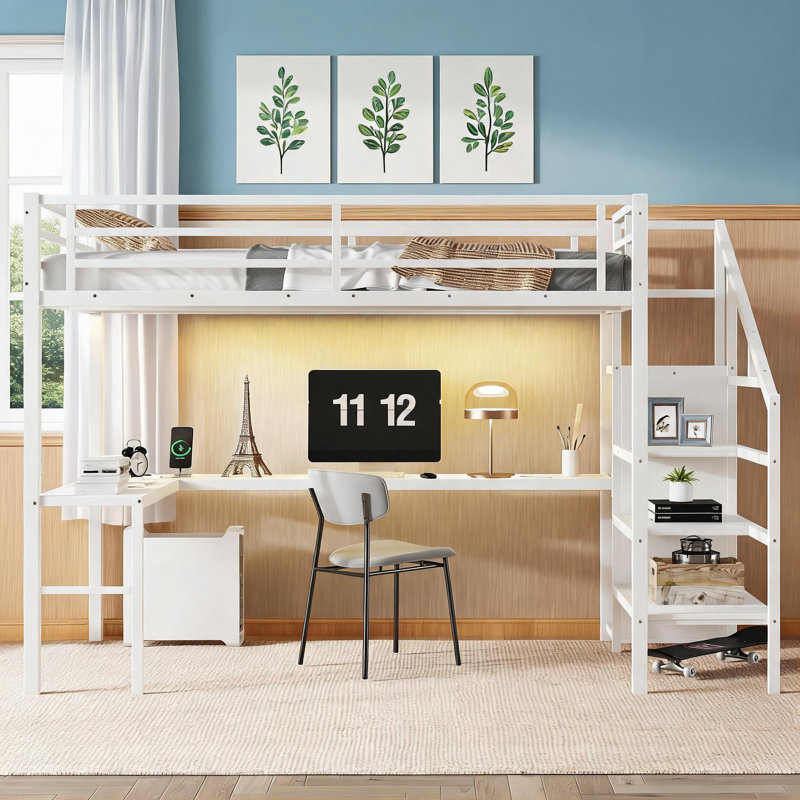 Structure de lit mezzanine simple en métal et panneau de fibres à densité moyenne blanc pour une utilisation résidentielle multifonctionnelle dans une chambre à coucher