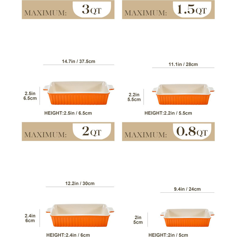 Orange Porcelain Rectangular Baking Dish Set with Handles