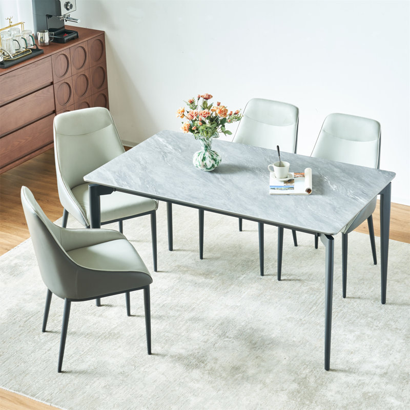 Table de roche brillante avec pieds noirs, table de salle à manger en pierre frittée, table de salle à manger pour 6 à 8 personnes