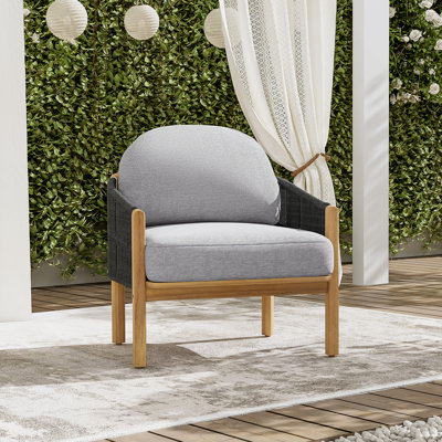 Fauteuil club d'extérieur en bois, corde gris foncé avec coussin gris