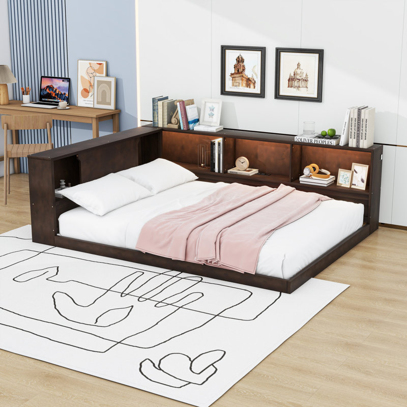 Wood Daybed with Shelves, USB and LED, Brown