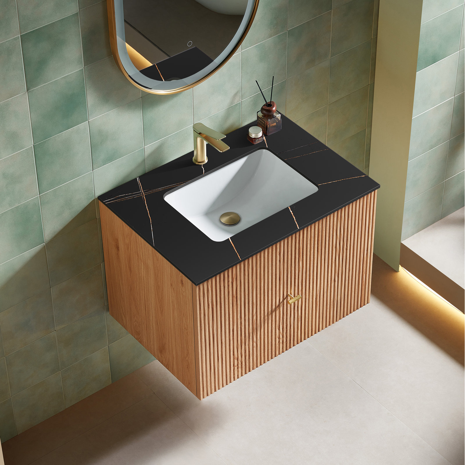 Jamell 30'' Single Bathroom Vanity, Black, Natural Oak