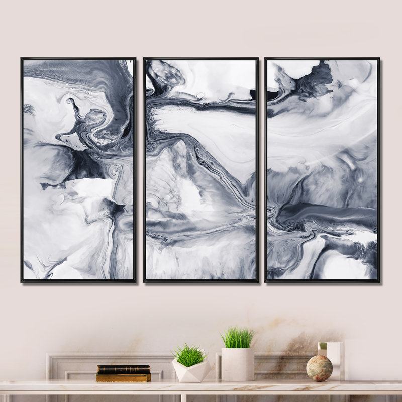 Abstrait noir et blanc - ensemble d'art moderne sur toile encadrée moderne de 3, H 20 po x l 36 po, Noir