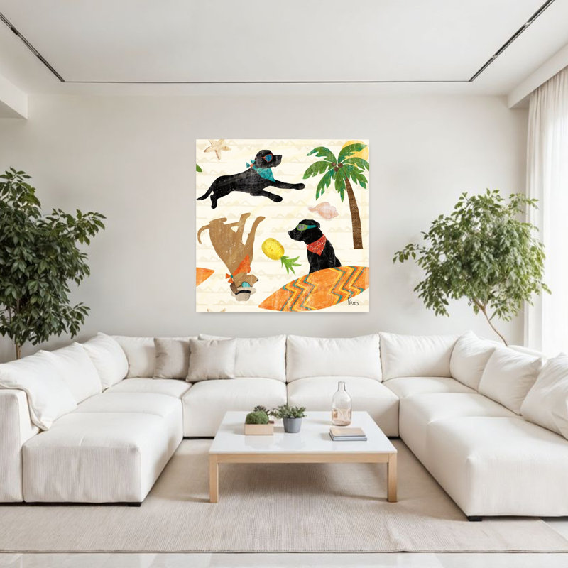 Good Good Vibes Pattern Ib Abstract Palm Tree Starfish Dog Coastal Art, H 48 po x l 48 po