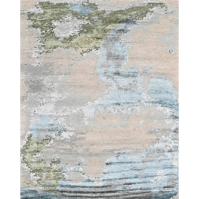 High-Quality Hand-Knotted Blue And Green Area Rug, Rectangle 5' x 8'