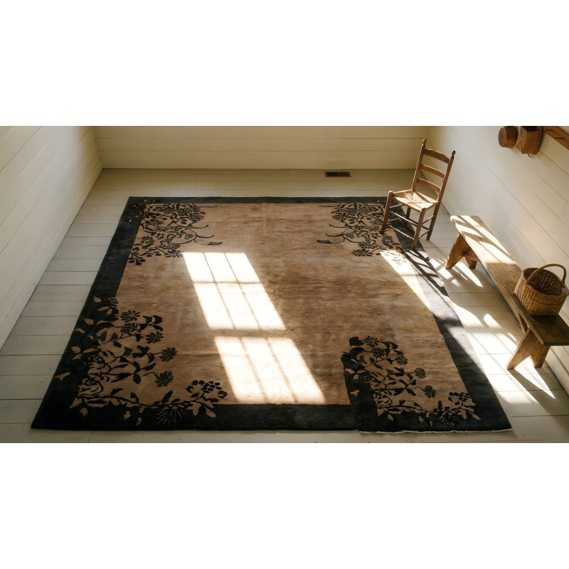 Neutral Cream and Gray Antique Minimalist Chinese Deco Hallway Runner Rug