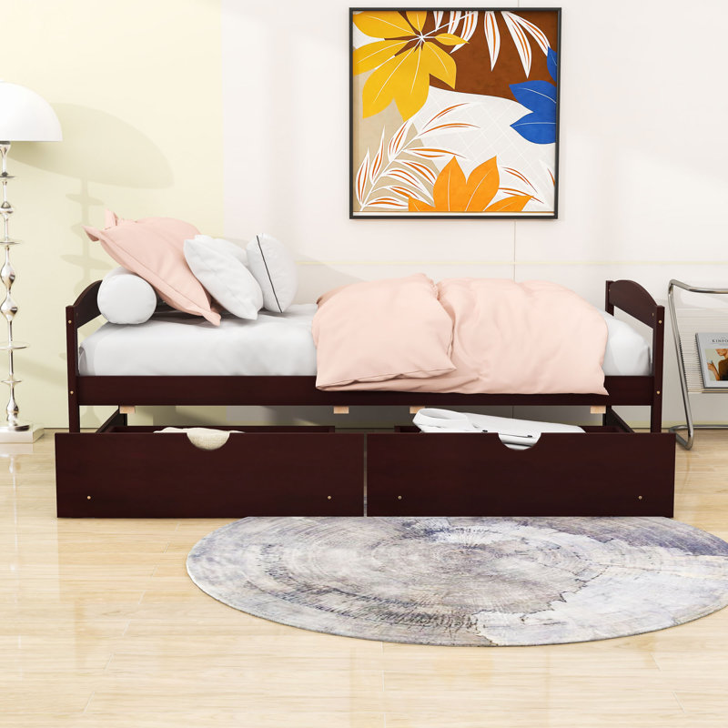 Lit plateforme simple avec tiroirs de rangement intégrés et tête de lit, Espresso