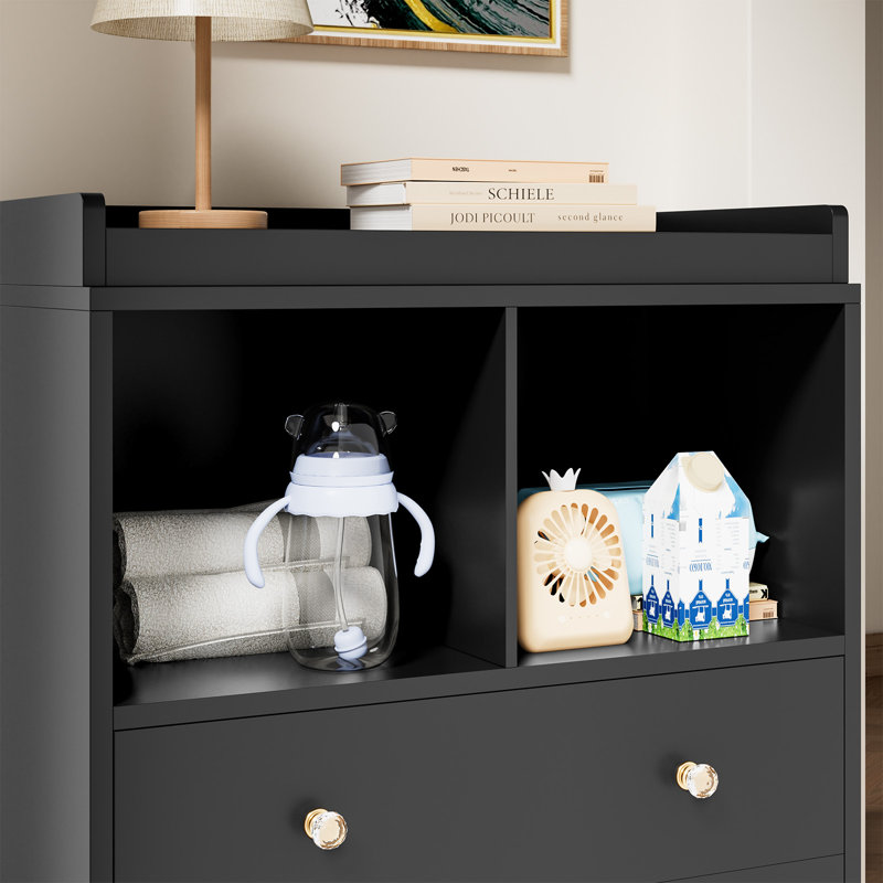 Changing Table With Pad, Modern Changing Station With 2 Drawers and 2 Open Compartments, Black