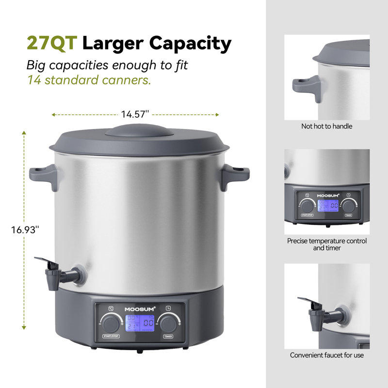 Boîte de bain d'eau électrique MOOSUM 27 pte, écran ACL numérique avec minuterie et contrôle de la température, comprend un support et un couvercle de mise en conserve, protection automatique contre le réchauffement et la surchauffe, acier inoxydable