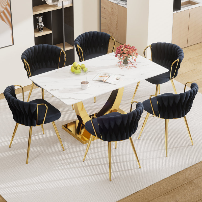 Ensemble de tables de salle à manger Elegant, 7 pièces : table, 6 chaises, Noir, Blanc