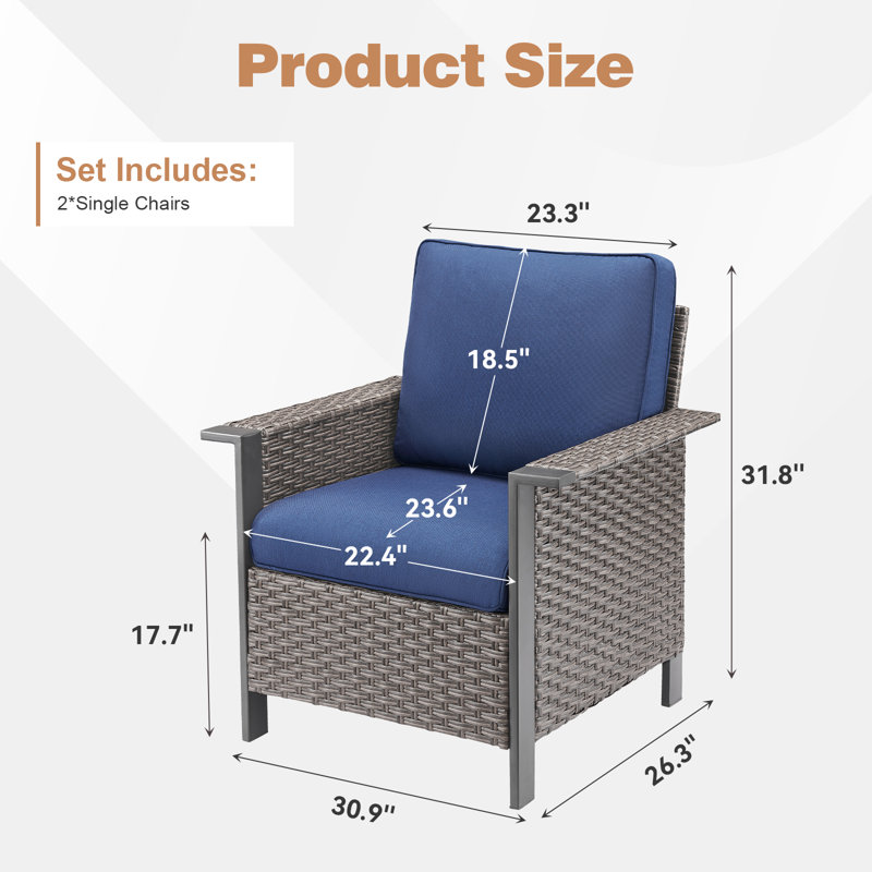 Ensemble de 2 chaises longues d'extérieur en osier avec coussins Coady, Coussin bleu / cadre gris