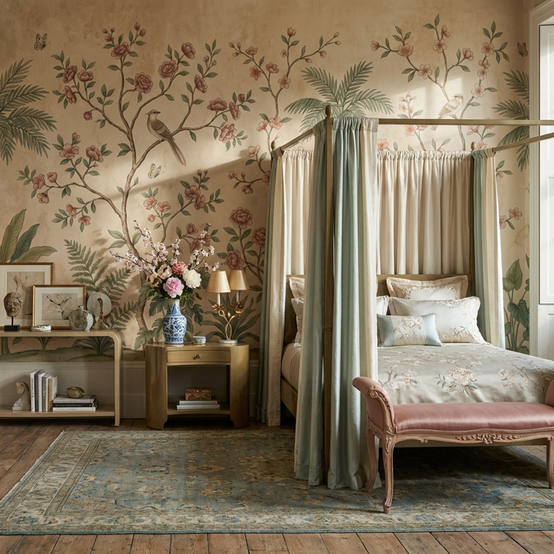Papier peint chinois oiseaux chinoiserie, 100 po x 96 po, Peler et coller