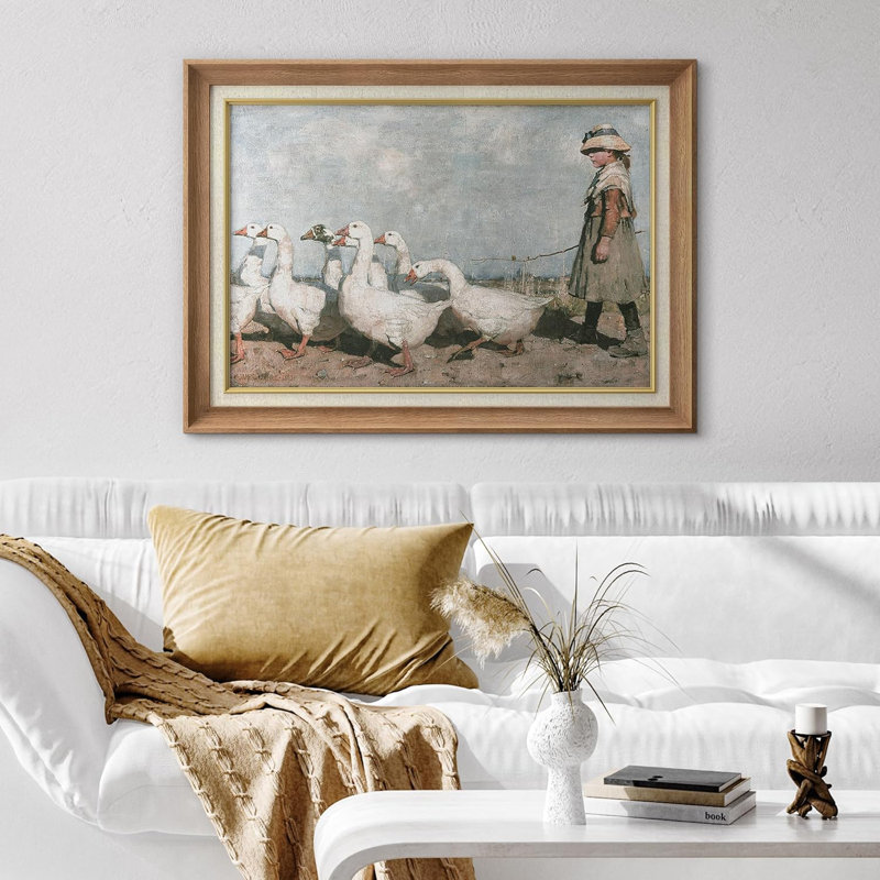 Little Girl Goose Flock Animals, impression sur papier, Pas de tapis, Encadré naturel
