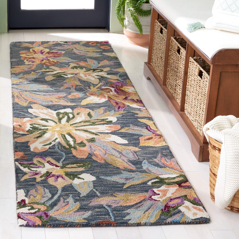 Kannin Hand Tufted Wool/Cotton Floral Rug in Gray/Violet, Runner 2'3" x 8'