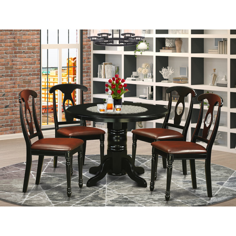 5 Piece Modern Dining Table Set Includes a Round Kitchen Table with Pedestal and 4 Faux Leather Kitchen Dining Chairs, Black