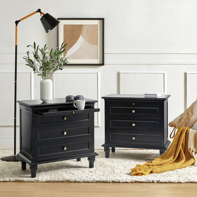 Victoria Traditional 28.37''W 3-Drawer Nightstand with Charging Station and Pull-out Shelf, Black