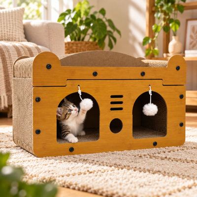 22 Inch Brown Corrugated Cardboard Cat Scratcher House with Double Door Hideaway and Play Balls for Resting Scratching and Indoor Play