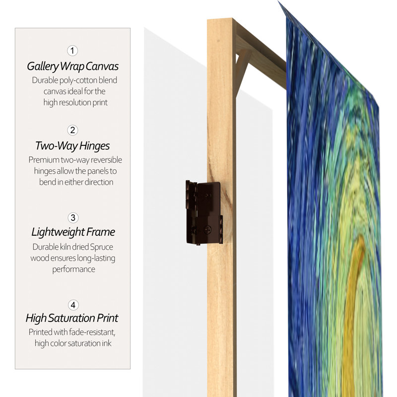 70.88" x 63" Double Sided Works of Van Gogh Canvas 4 Panel Room Divider, 63" W x 70.88" H