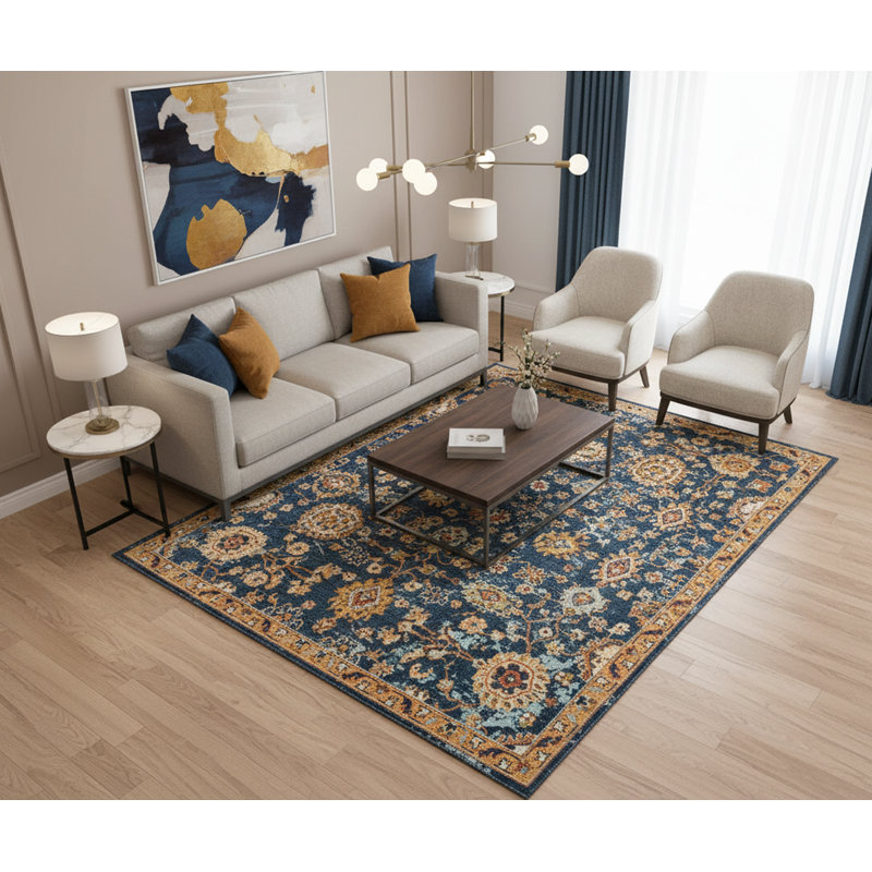 Tapis bleu marine en laine noué à la main pour salon et chambre à coucher, Rectangle 10 pi x 14 pi