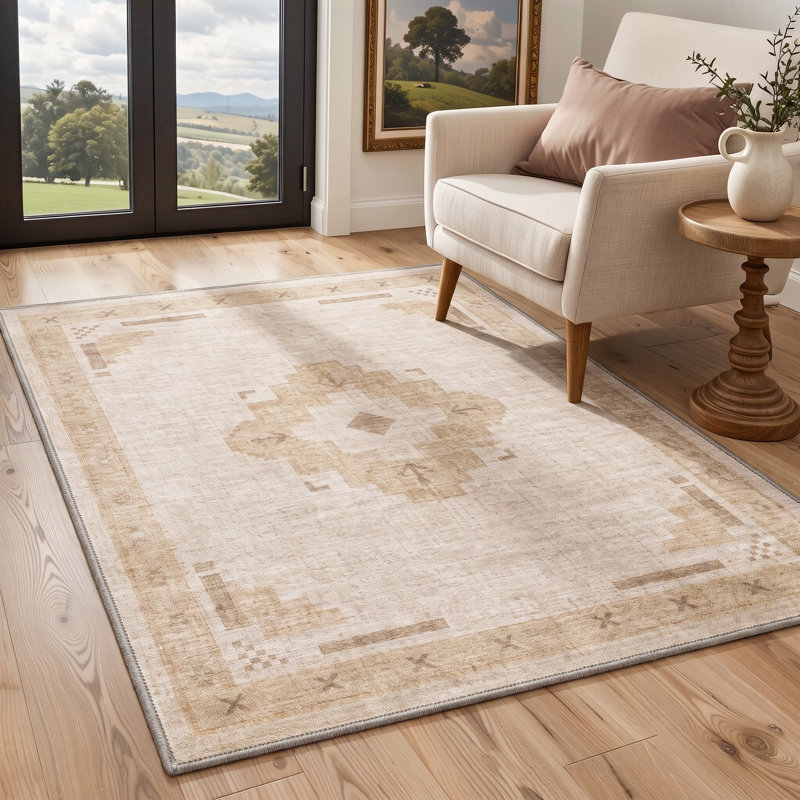 Tapis beige à motif géométrique moderne antidérapant lavable à poils courts, Rectangulaire 8 pi x 10 pi