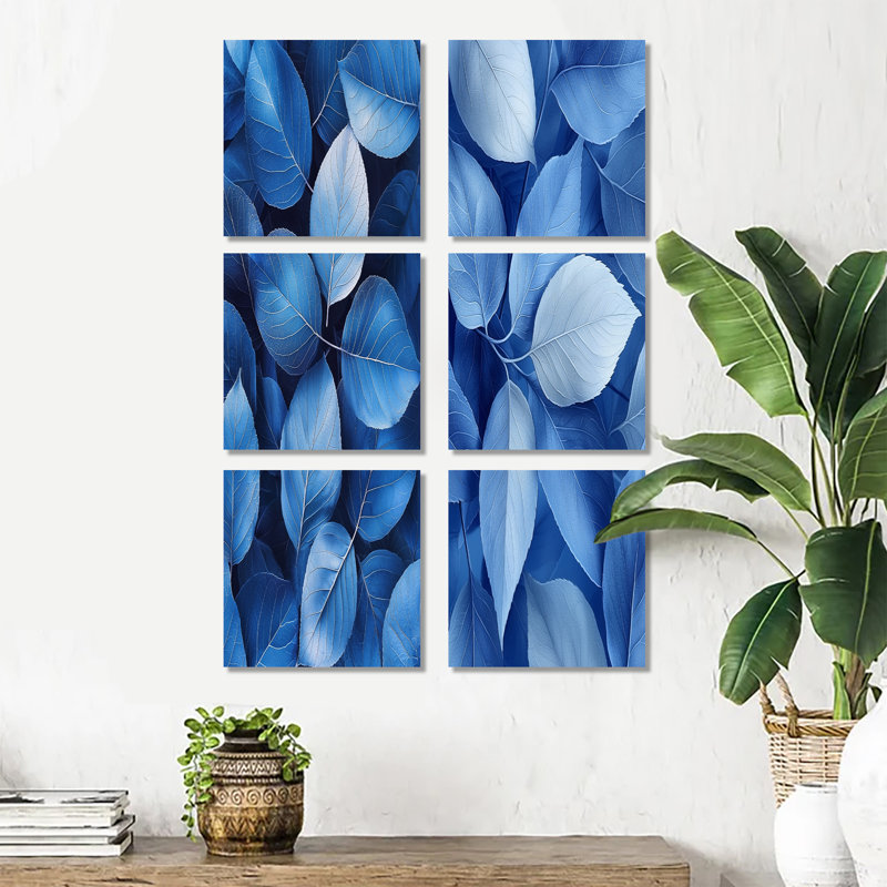 Pervenche feuilles de simplicité bleue - ensemble d'art mural floral de 6, Toile tendue, Ne s’applique pas