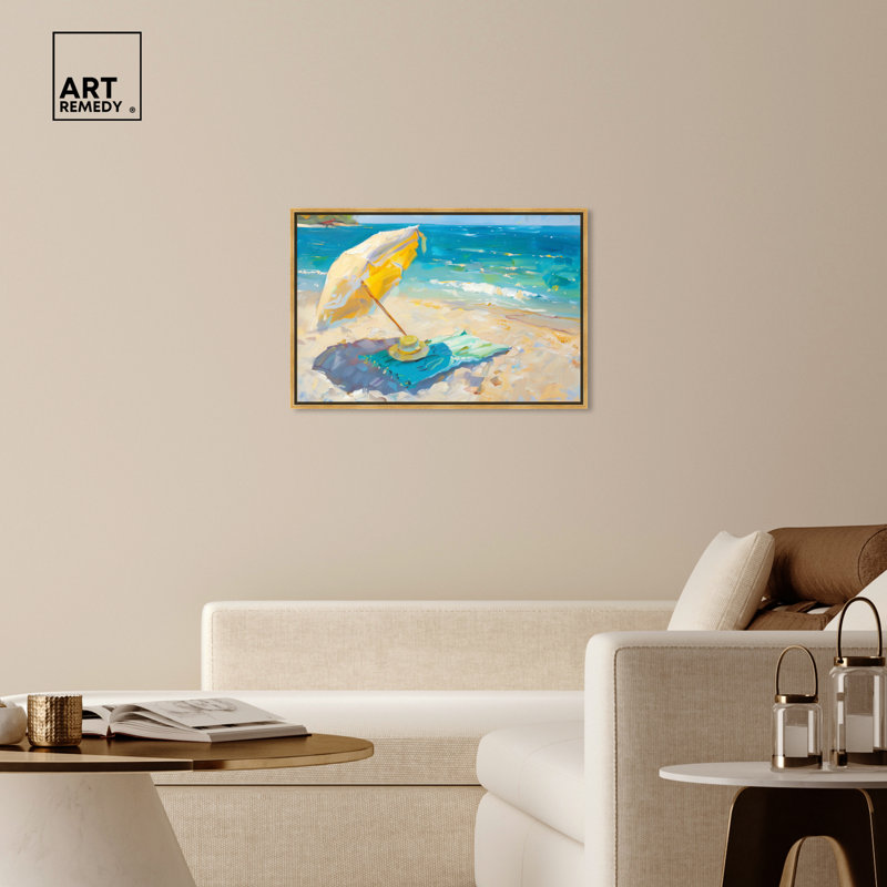 Morning Beach View Colorful Coastal Canvas Wall Art with Gold Frame
