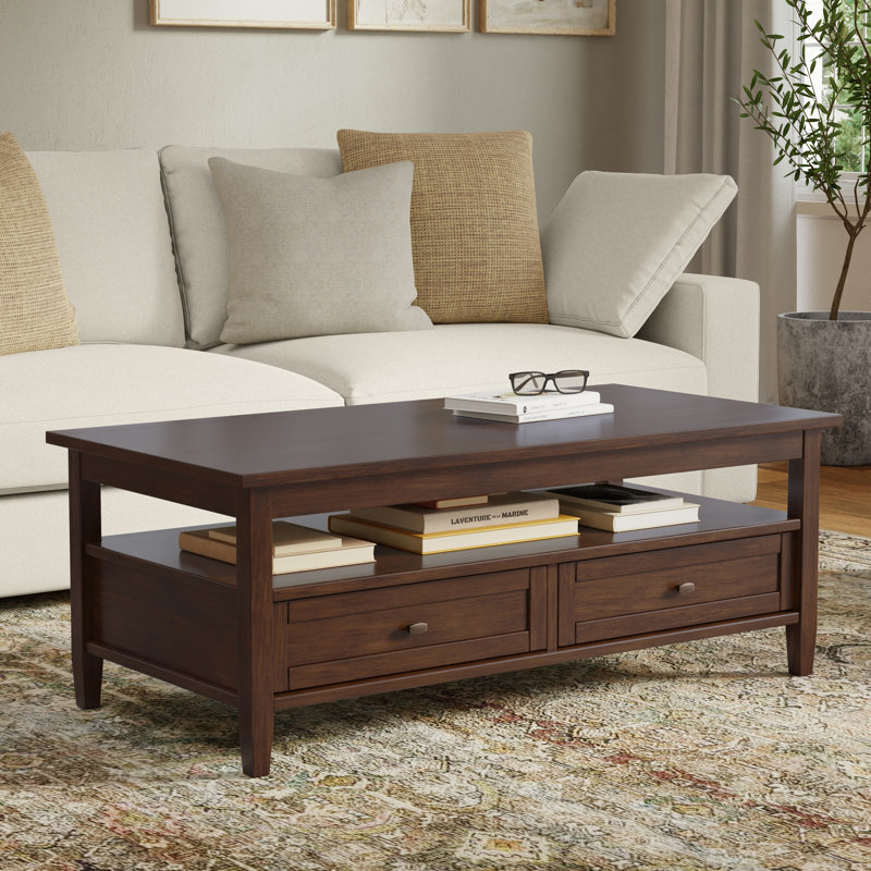 Warm Shaker 48"W Solid Wood Transitional Coffee Table With Storage Drawers And Open Shelf, Russet Brown