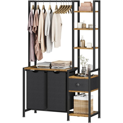 5 Tier Laundry Hamper With Shelf, Tall Laundry Basket Sorter With 2 Pull-out Removable Bags, Clothes Rack Organizer For Laundry Room, Bathroom And Bedroom Storage, Rustic Brown