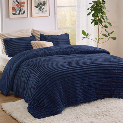 Ensembles d'édredon pour grand lit - 3 pièces de literie moelleuse en molleton bleu marine, esthétique rayée confortable pour les chambres modernes et d'invités, décoration intérieure de luxe toutes saisons