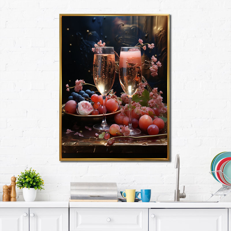 Impression sur toile rose champagne champagne I, H 32 po x l 16 po x P 1 po, Cadre flottant doré