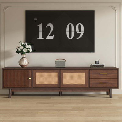 Meuble télé Mid-Century moderne pour téléviseur de 80 po, meuble audio-vidéo avec portes coulissantes et tiroirs, meuble télé avec rangement pour le salon et la chambre à coucher
