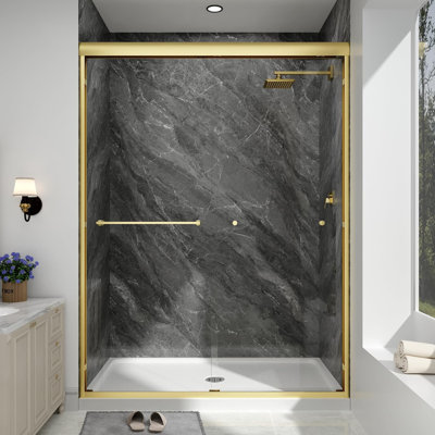 43"-48" W x 70" H Double Sliding Aluminum Framed Shower Door in Brushed Gold with 1/4" Clear Tempered Glass