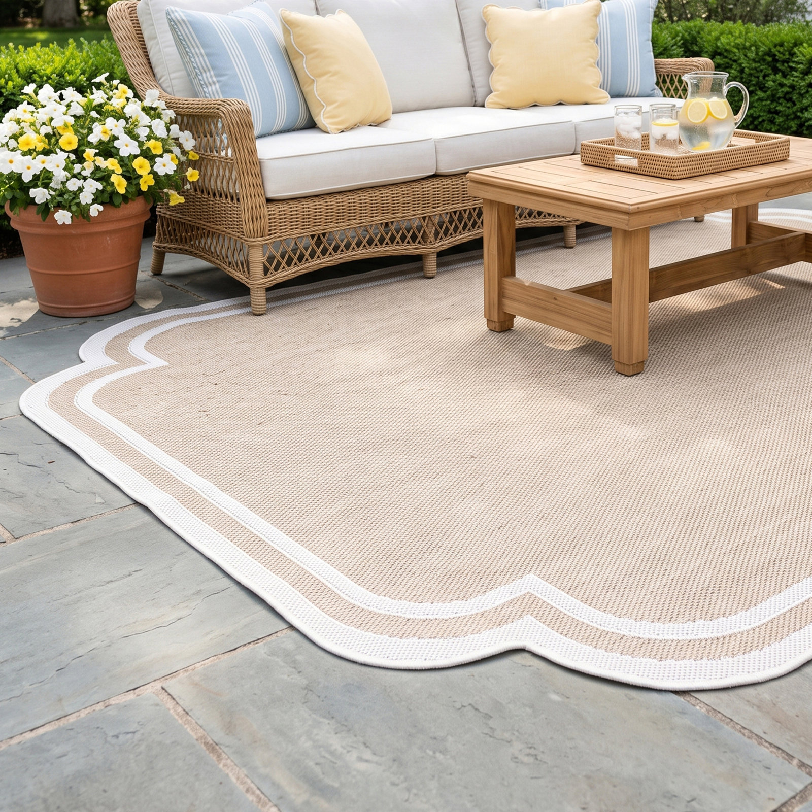 Skiles Striped Outdoor Rug, Rectangle 7'10" x 10', Tan/Cream
