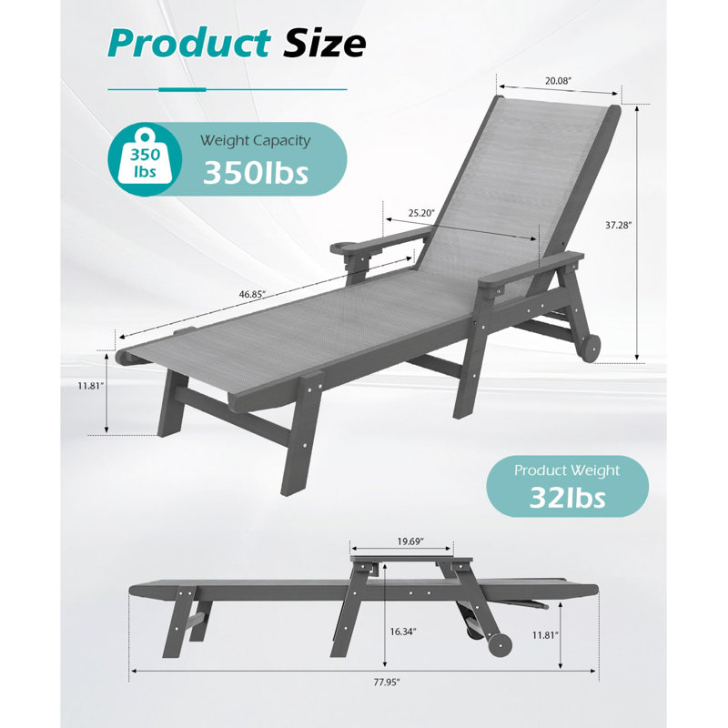 Adjustable Patio Chaise Lounges, Hdpe Mobile Modern Poolside Chair
