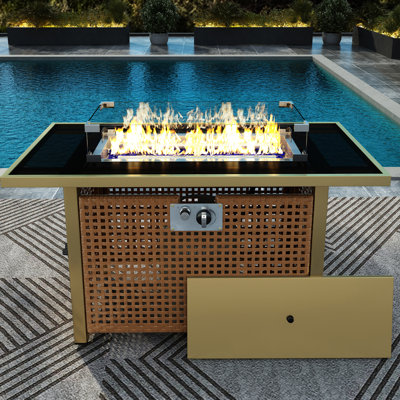 Foyer de table rectangulaire 43 po avec pare-vent en verre, gaz propane 60000, tissage ouvert pour le patio extérieur - table orange et jaune moutarde, cour arrière