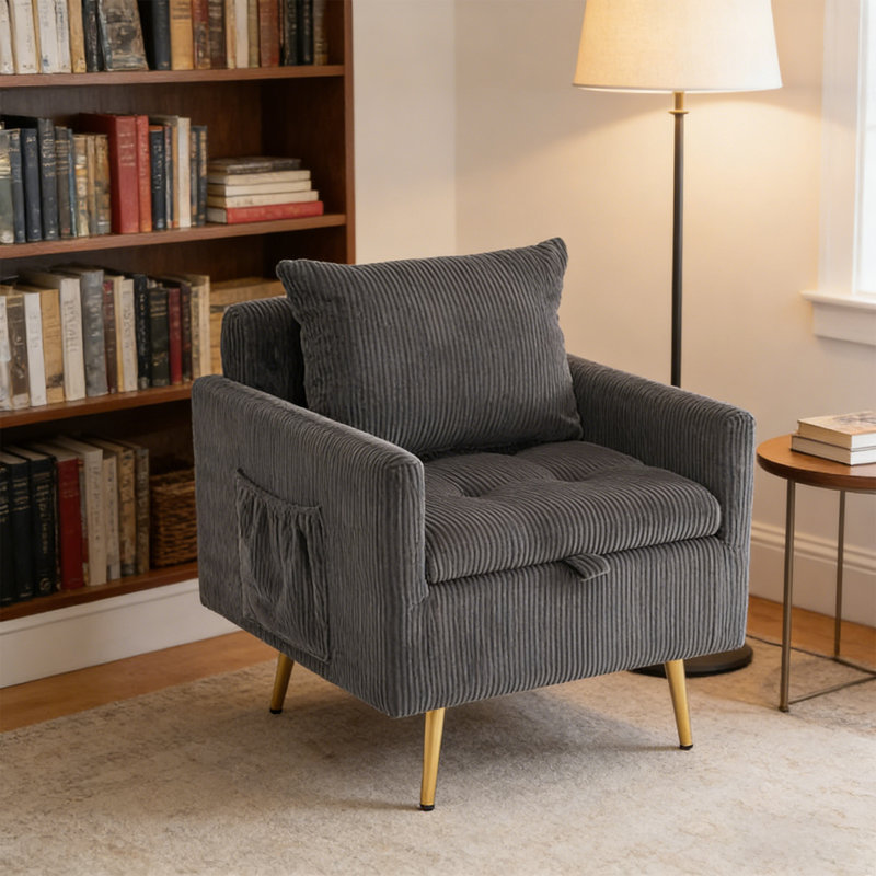 Chaise d'appoint rembourrée avec rangement et poche, Gris foncé