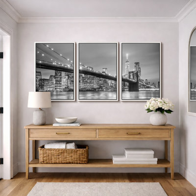 Architecture Building "Manhattan Bridge In New York City Skyline Artwork, Modern Contemporary Black & White Photograph Wall Pictures, Framed Canvas Giclée Print 3 Pieces Wall Art" 16"x24"x3 pcs, 24"x36"x3 pcs