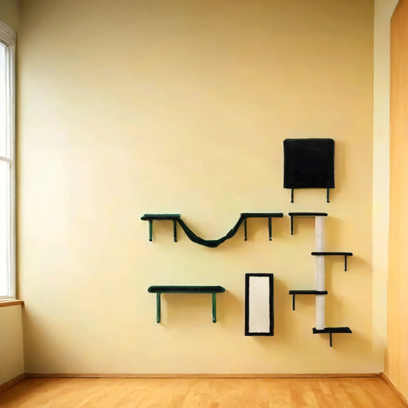 5 pièces de mobilier d'intérieur pour arbre à chat avec planche à gratter, litière, perchoir et pont, Noir